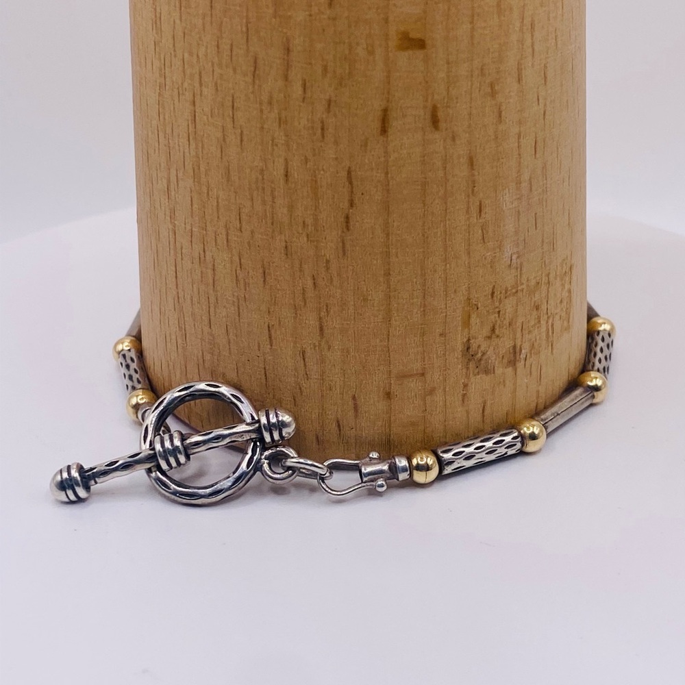 Silpada/Zanfeld Sterling Silver-14K Embossed Tube & Bead Toggle Clasp Bracelet